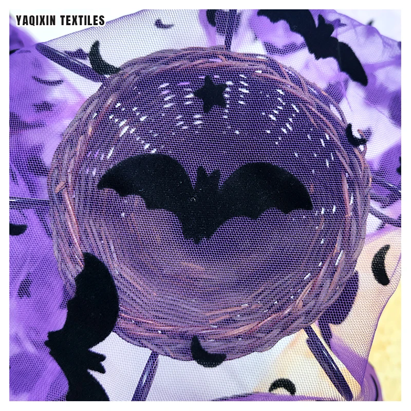 Wholesale 100 Polyester Halloween Fabric by the Yard Multicolor Flocked Black Lace Bat Tulle Mesh Net Fabric for Halloween - 图片 3