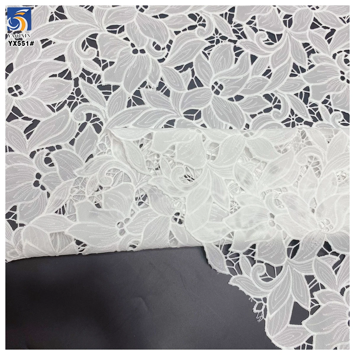 YX551 2025 Custom Dyed White Lotus Leaf Embroidered Fabric 100% Polyester Milk Silk Lace Embroidery Fabric - 图片 3