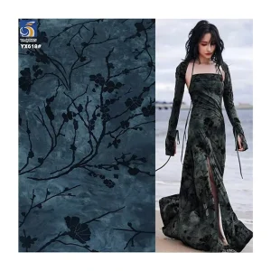 YX618 Chinese Retro Plum Blossom Flocked Burnt Flower Fabric 95 Polyester 5 Spandex Black Flock Knitted Stretch Fabric
