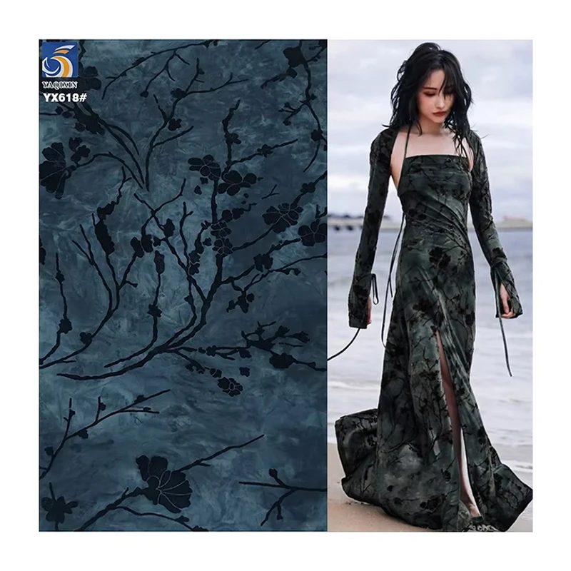YX618 Chinese Retro Plum Blossom Flocked Burnt Flower Fabric 95 Polyester 5 Spandex Black Flock Knitted Stretch Fabric