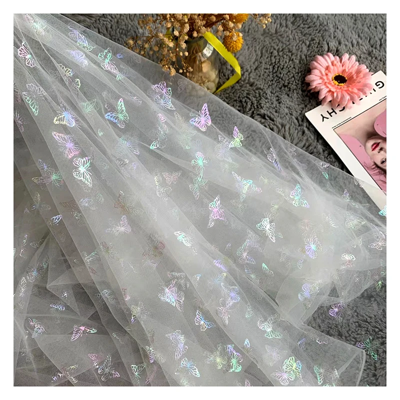 DX128 Stock Light Pink Polyester Tulle Fabric with Rainbow Color Butterfly Bronzing Net Mesh Fabric Wholesale - 图片 6
