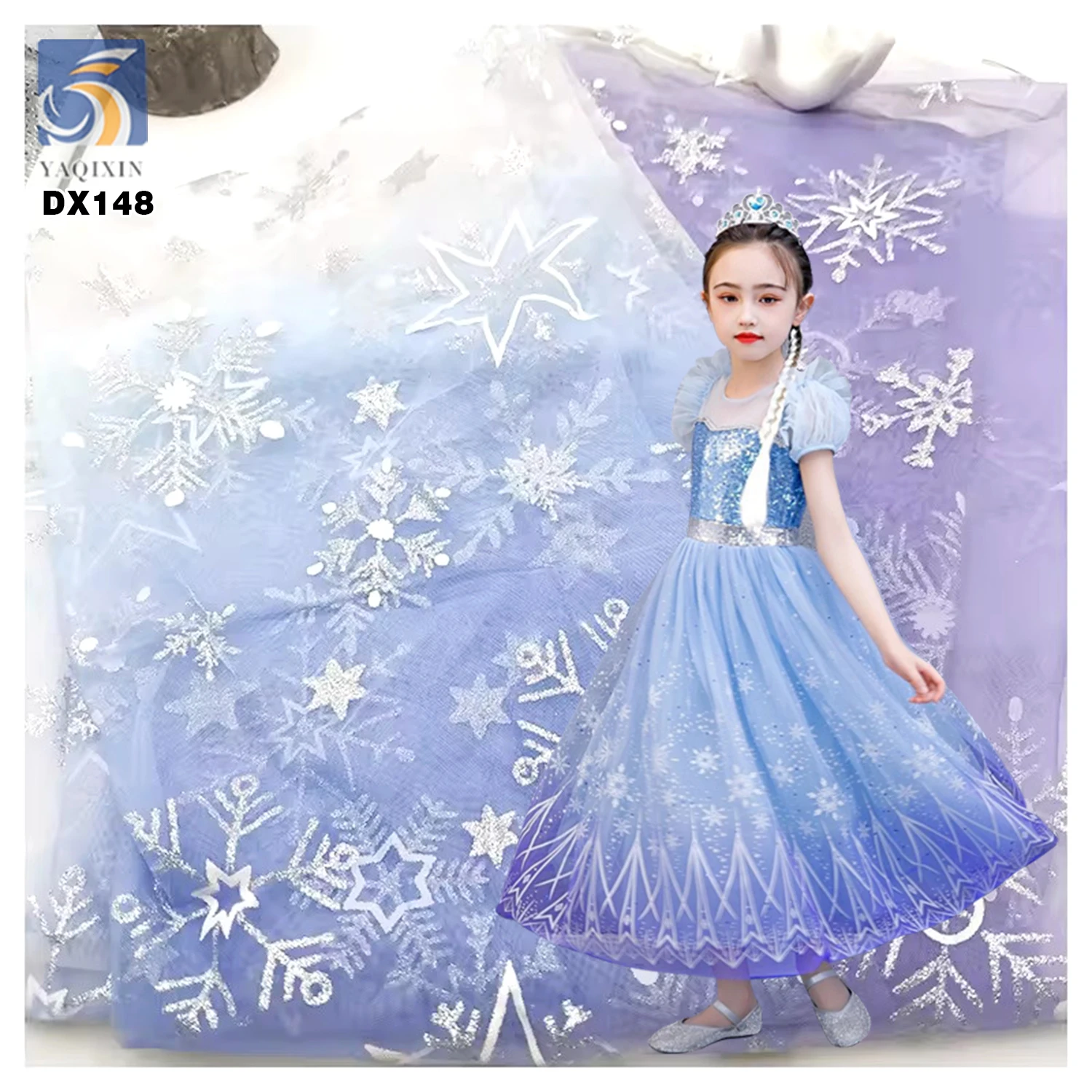 YX964 Stars Print Mesh Princess Dress Fabric Girl Poncho Dress Purple Blue Gradient Tulle Fabric With Silver Star Print - 图片 2