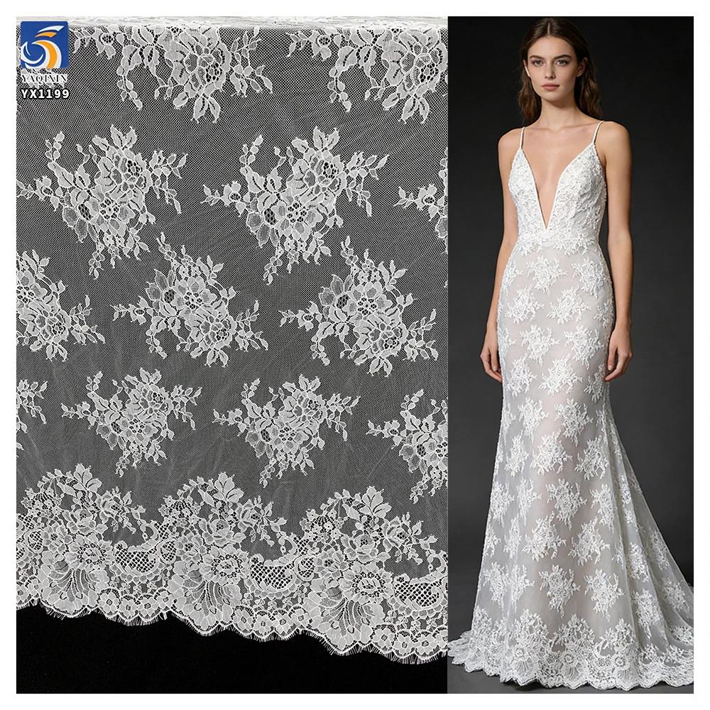 YX1199 New Design Elegant Lightweight White Tulle Lace Fabric 2026 Embroidered Polyester Eyelash Lace Fabric for Apparel