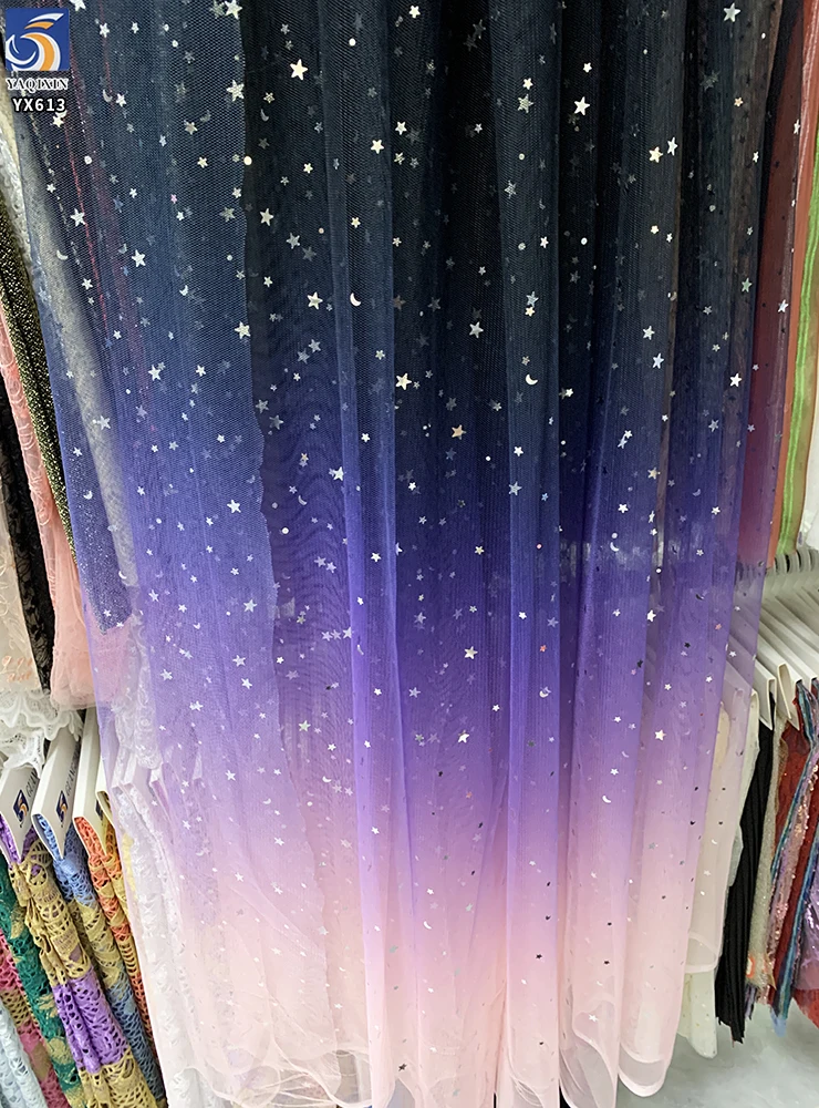 YX613 Beautiful Dark Purple Polyester Ombre Gradient Sequin Princess Skirt Tulle Fabric With Star Sequins - 图片 4