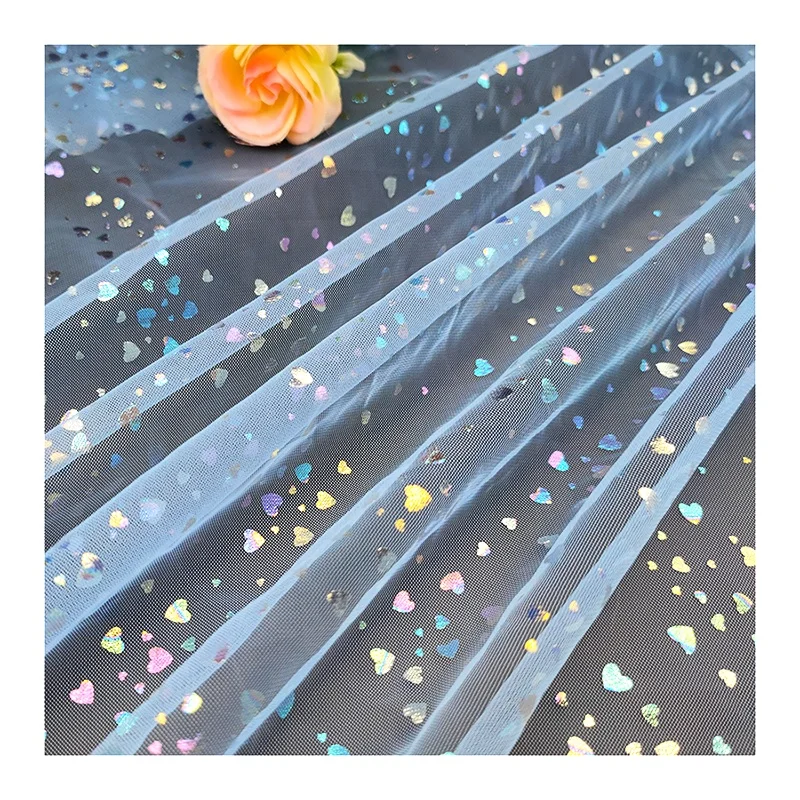 KT13 100% Polyester Solid Blue Tulle Fabric with Heart Color Foil Print Tulle Mesh Fabric for Clothing - 图片 4