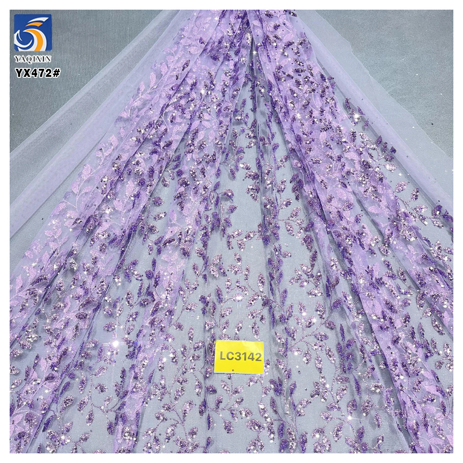 YX472 China New Design Shine Purple Sequined Embroidered Mesh Fabric Purple Floral Glittery Tulle Fabric - 图片 5