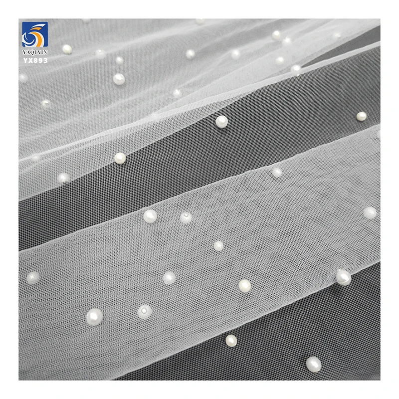YX893 China Custom 3 Meters White Wedding Tulle Fabric Soft 3D Pearls Tulle Mesh Fabric for Bridal Wedding Veil Dress - 图片 5