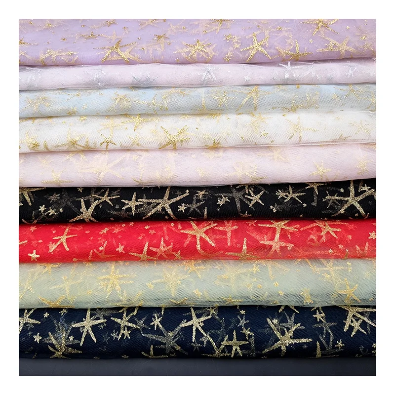 SG26 Customize Polyester Mesh Tulle Lace Fabric with Glitter Golden Star Tulle Baby Tutu Dress Lace Fabric - 图片 3