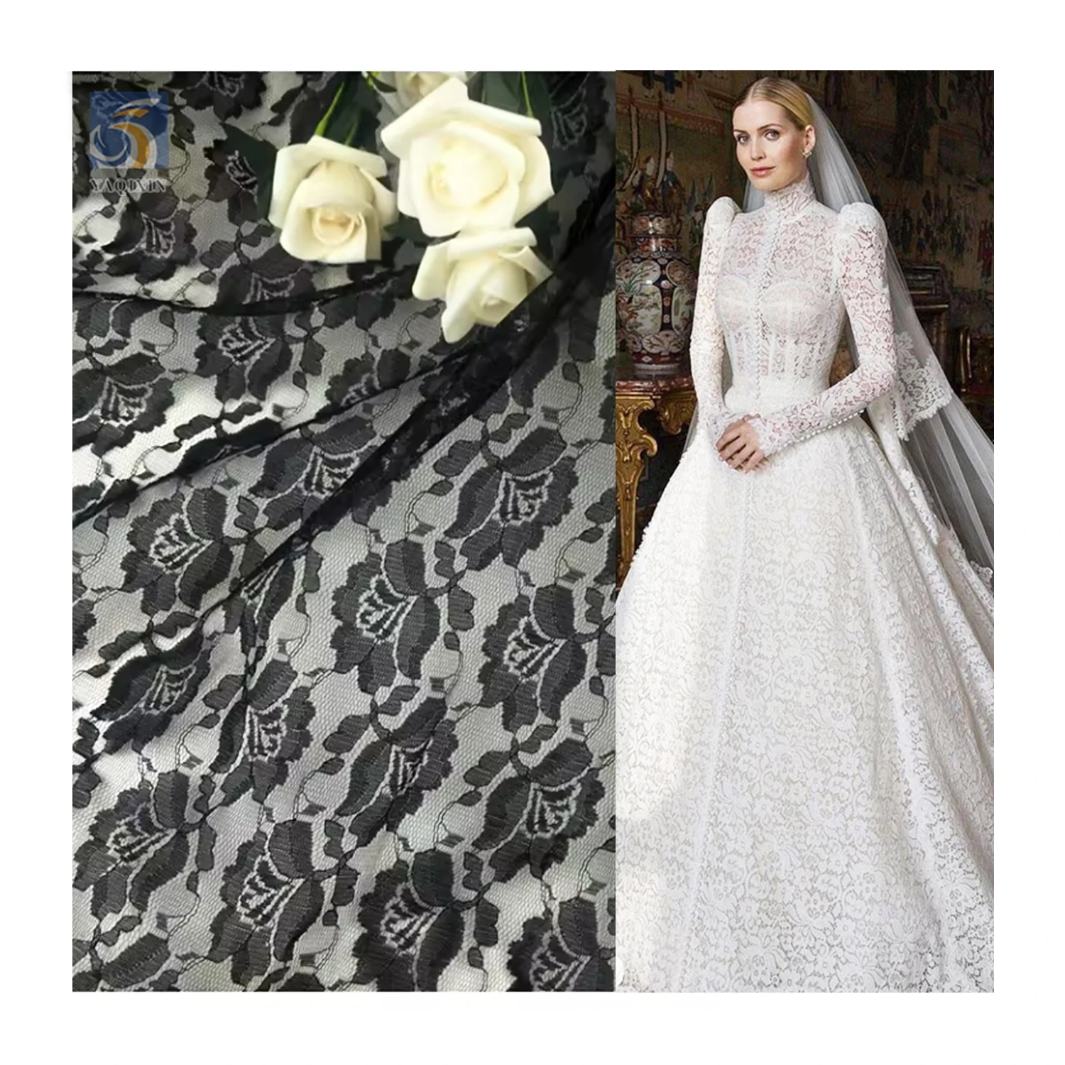 Guangzhou Supplier Luxurious Bridal Lace Fabric Ivory Floral Jacquard Mesh African Chantilly Lace Fabric for Woman