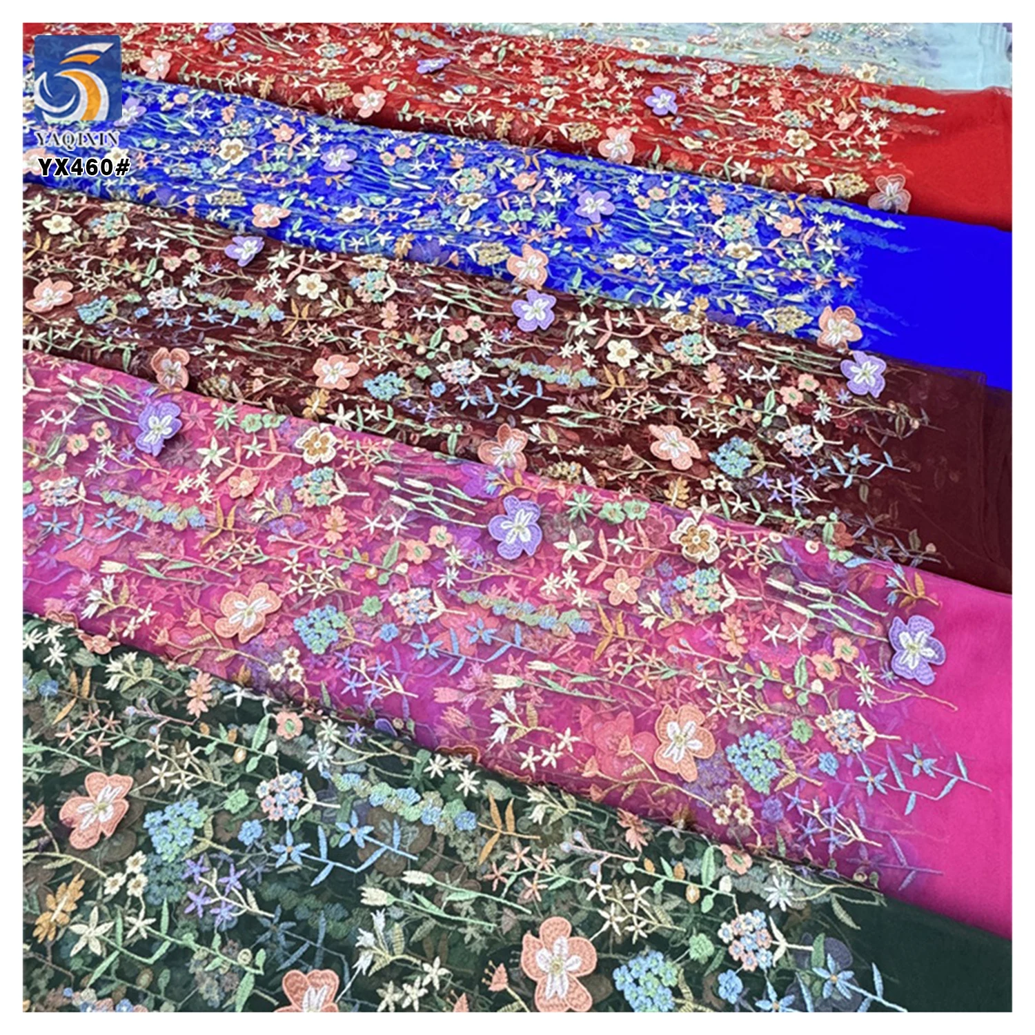 YX460 Cheap Floral Multicolor 3D Mesh Embroidery Fabric Lace Women's Clothing Wedding Dress Embroidery Fabric - 图片 6