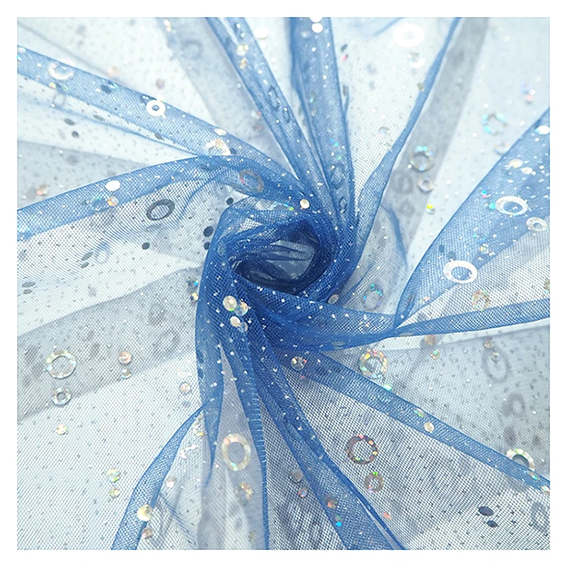 Blue Polyester Tulle Mesh Fabric Round Metal Sequin Mesh Tulle Sequin Fabric - 图片 4