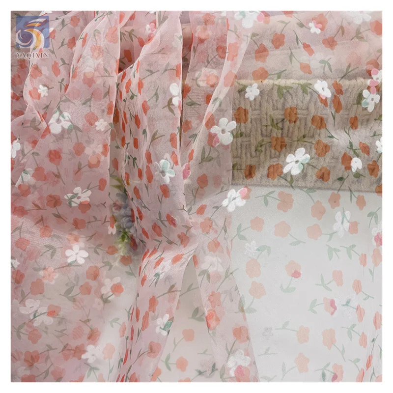 Stock Yards Soft 100% Nylon Organza Fabric Flocking Floral Flower Pattern Organza Fabric for Dress Christmas - 图片 5