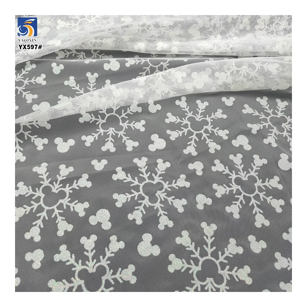YX597-1 Factory Low Moq Custom Cartoon Glitter Tulle Fabric Mic-key Mouse White Snowflake Elsa Tulle Mesh Fabrics