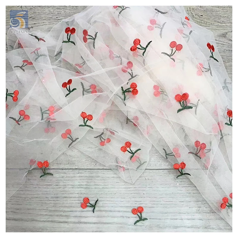 Cheap Competitive Wholesale Price Embroidery Lace Fabric Red Cherry Embroidery Tulle Mesh Fabric for Children - 图片 5