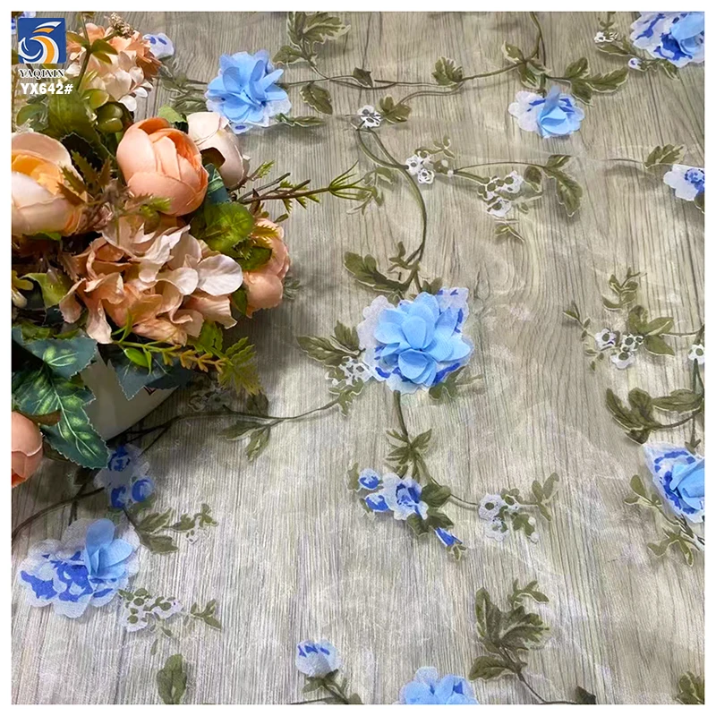 YX642 New Fashion Customized 3D Organza Fabric Flowers Embroidered Organza Fabric for Women's Long Skirt - 图片 5