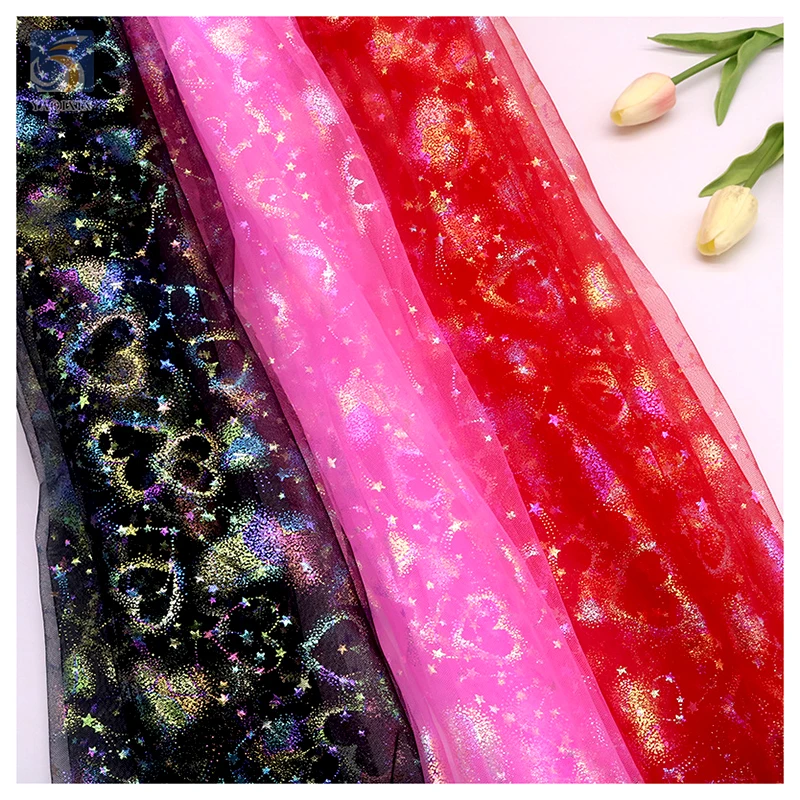YX2350 Romantic Valentine's Day Design Polyester Print Fabric Meteor Love Design Printing Glitter Tulle Mesh Dress Fabric