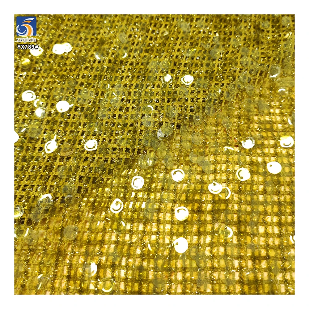 YX789 Custom Stretch Golden Sequin Embroidered Fabric Mesh Metallic Dot Knitting Sequin Stretch Fabric for Dresses - 图片 4