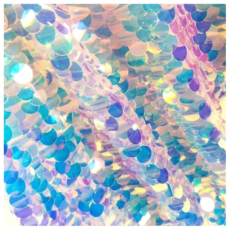 LPM006 18MM Clear Shiny Iridescent Large Paillette Sequin Fabric Fashion Colorful Fish Scale Mermaid Sequin Fabric - 图片 3