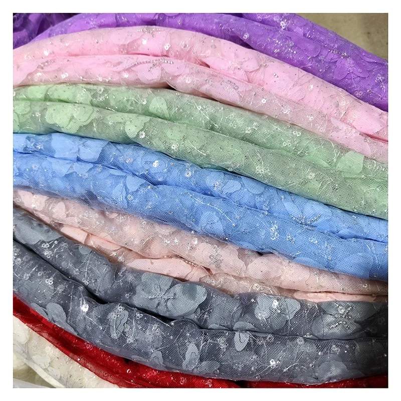 YX2056 2025 New 3D Butterfly Flower Bead Embroidery Tulle Fabric With Sequin Fashion Lace Fabric for Wedding - 图片 4