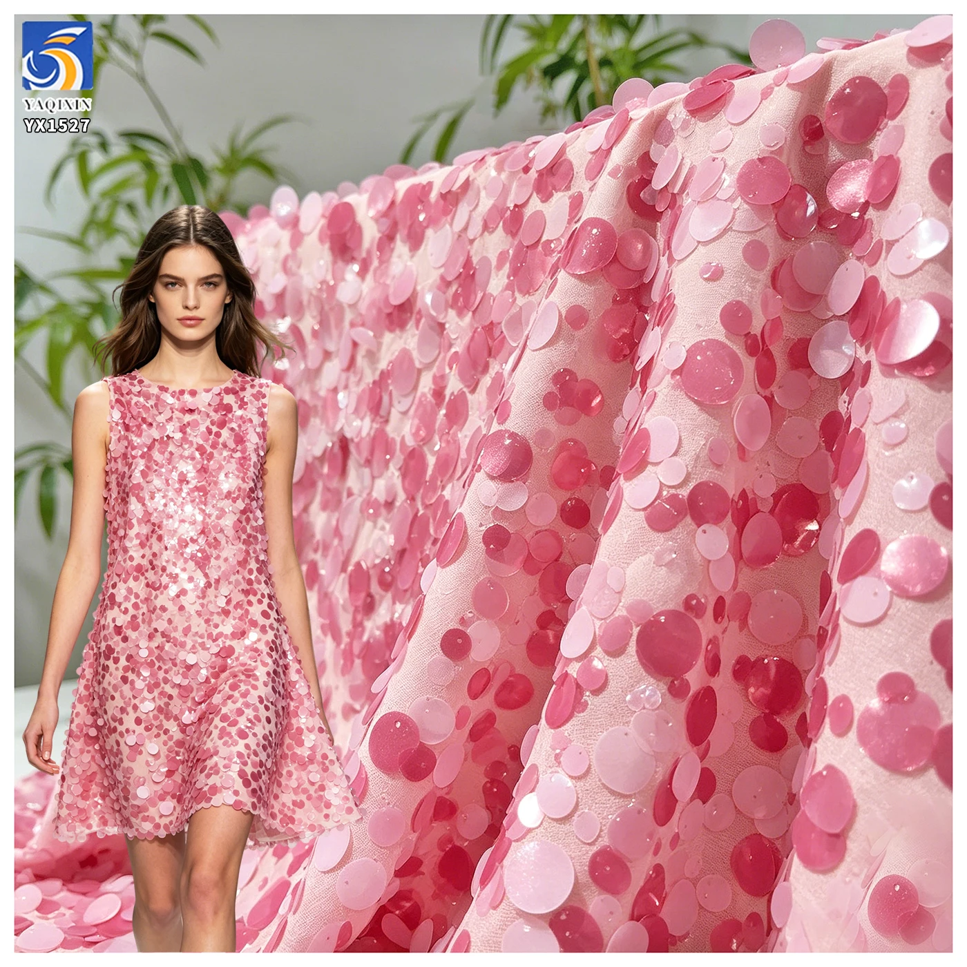 YX1527 Two Tone 15mm Sequin Embroidery 3D Round Sequin Chiffon Fabric With 1mm Detail for Garment Making