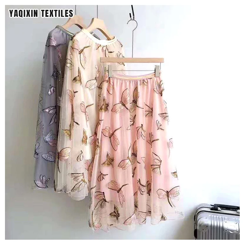 Beautiful Dragonfly Pattern Sequin Tulle Embroidery Fabric Dress 100% Polyester Mesh Sequins French Lace Fabric - 图片 6