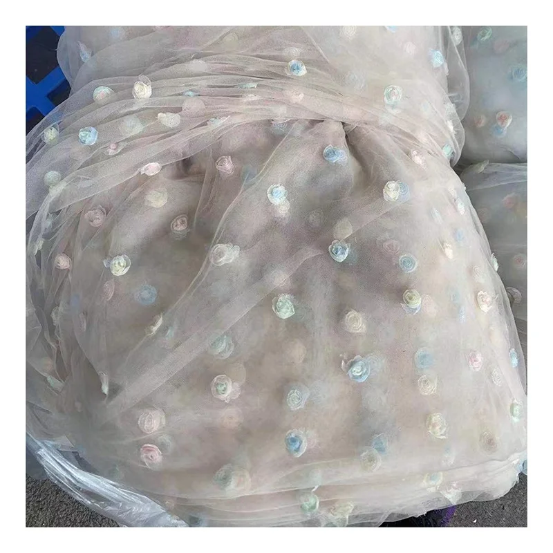 TDS005 Factory Wholesale 3D Small Rose Floral Embroidered Tulle Mesh Fabric Lace Kids Skirt Fabric - 图片 6