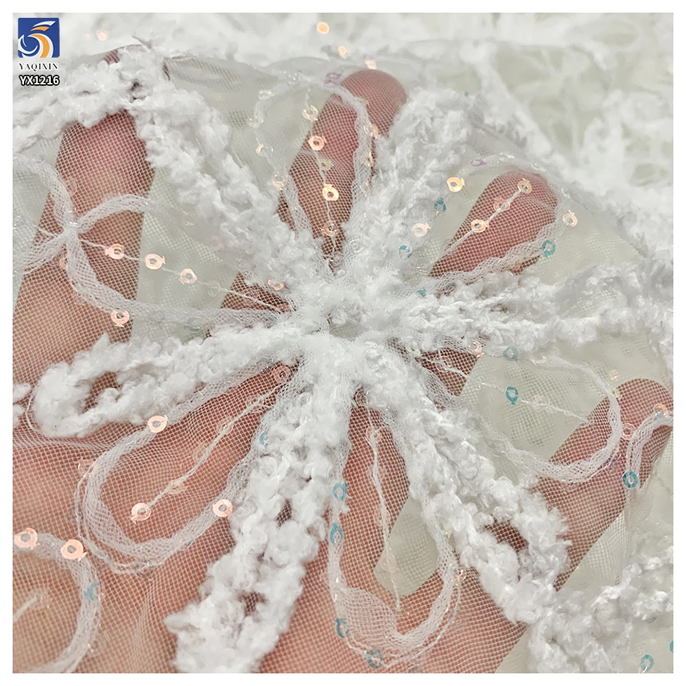 YX1216 American Summer Knitted Embroidery Flowers Fabric Mesh Crochet Rope Lace Fabric With Sequins for Women Dress - 图片 4