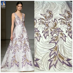 YX1521 300gsm White Bridal Mesh Fabric With Purple Gold Leaf Beaded Embroidery Lace Fabric for Couture Dress