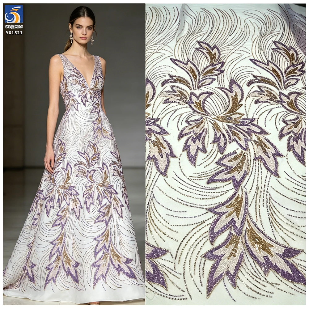 YX1521 300gsm White Bridal Mesh Fabric With Purple Gold Leaf Beaded Embroidery Lace Fabric for Couture Dress