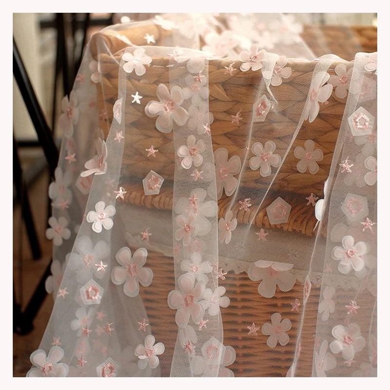 TDS11-1 Pink Stereo 3D Floral Design Tulle Lace Embroidered Fabric Lace Spring Dress Fashion Fabric - 图片 5