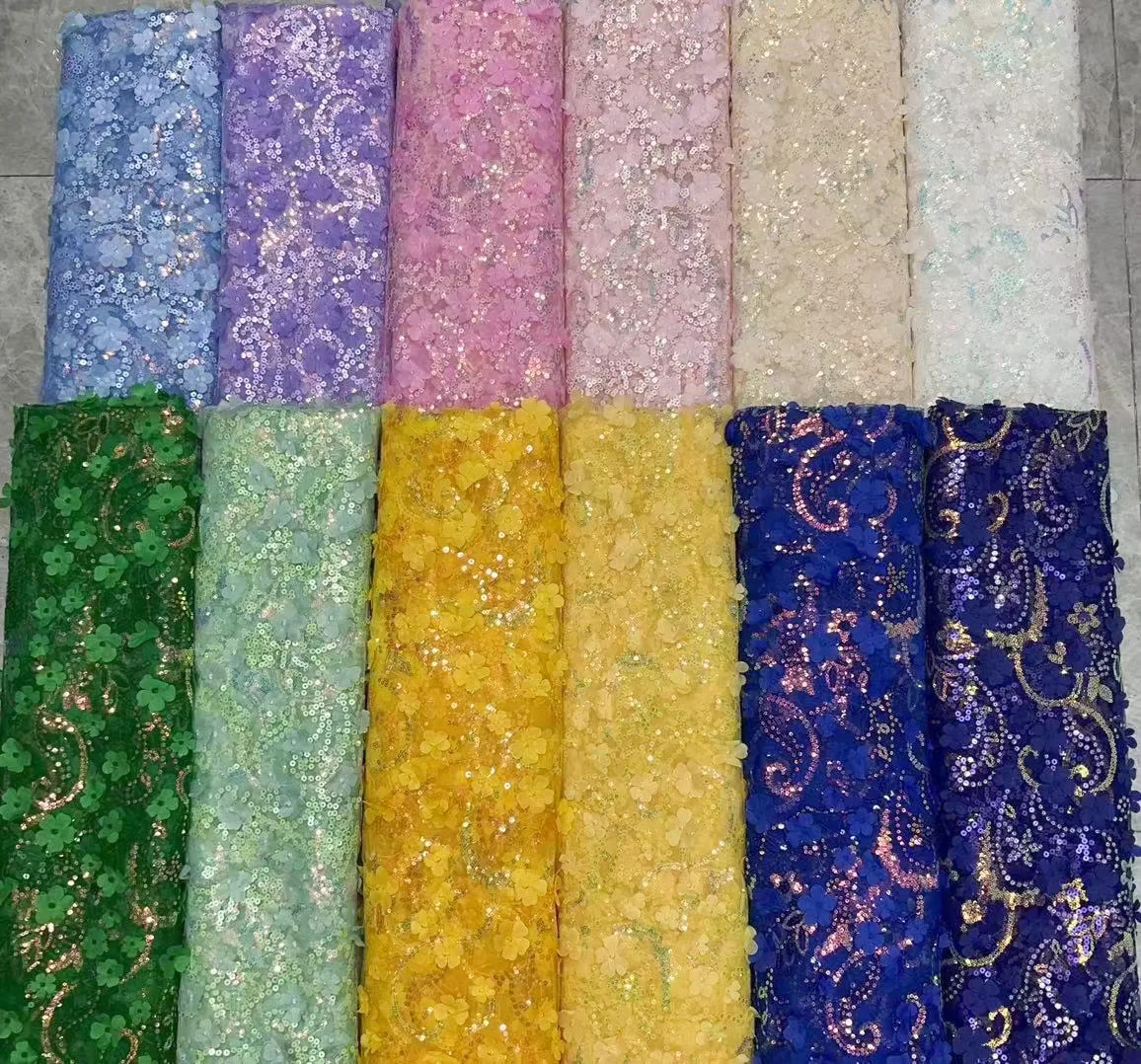 TDS008 Custom Multicolor 3D Floral Embroidered Tulle Lace Fabric for Dress Sequin Embroidered Tulle Mesh Fabric - 图片 3
