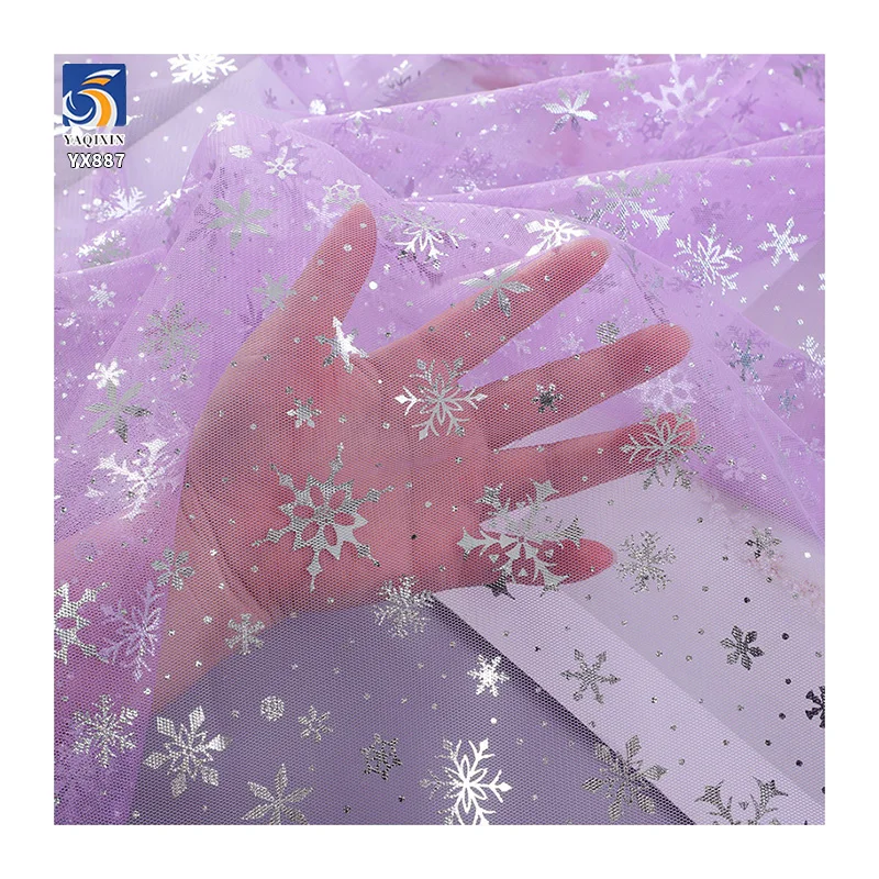 YX887 100% Polyester Silvery White Snowflake Printed Fabric Frozen Mesh Elsa Princess Dress Children's Dress Blue Tulle Fabric - 图片 6