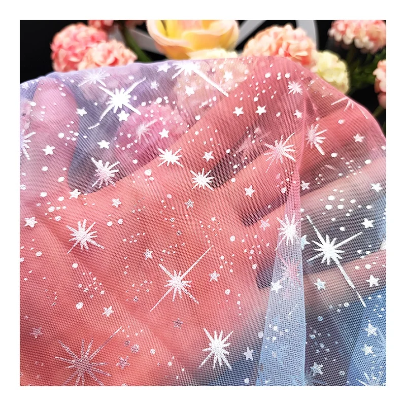 S28 Sparkle Gradient Galaxy Design Tulle Lace Fabric With Print Silver Star Overlay Rainbow Tulle for Party Dress - 图片 5