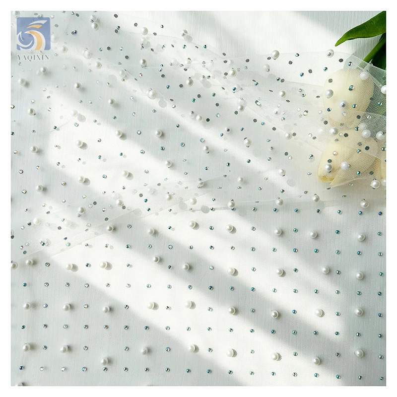 Luxurious Bead Wedding Tulle Mesh Lace Fabric with Pearl Diamond High Quality Handcrafted Dense 3D Beads - 图片 2
