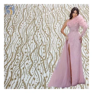 YX2576 Custom Reasonable Price Gold African Lace Crystal Fabric 2025 Golden Sparkly Sequin Beaded Glitter Lace Fabric