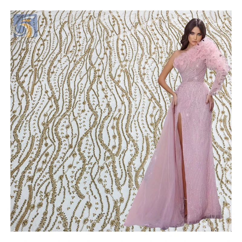 YX2576 Custom Reasonable Price Gold African Lace Crystal Fabric 2025 Golden Sparkly Sequin Beaded Glitter Lace Fabric