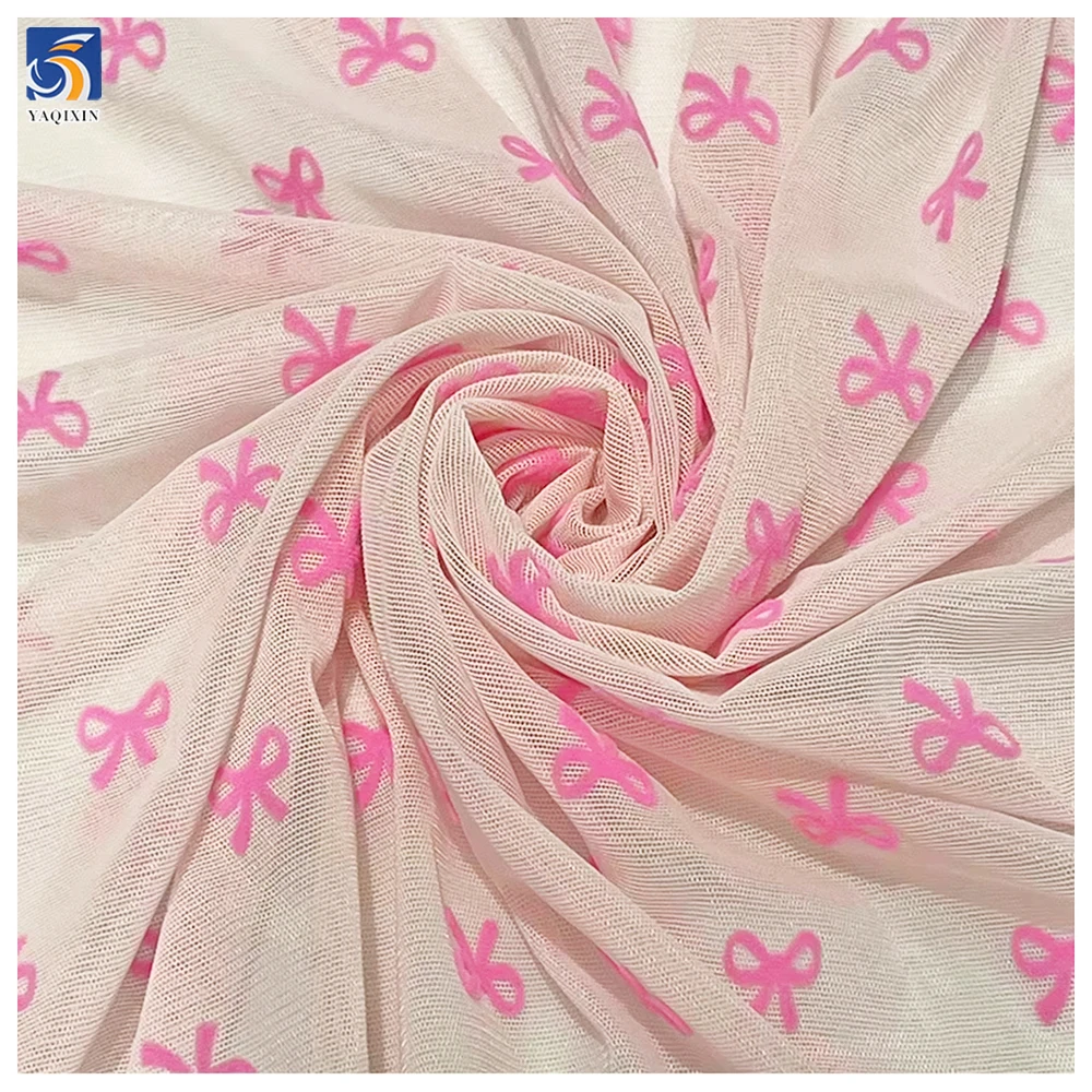YX729 Christmas Pink Bow Tie Flocked Tulle Fabric 92 Nylon 8 Spandex Stretch Net Mesh Flocking Fabric for Lingerie Dress