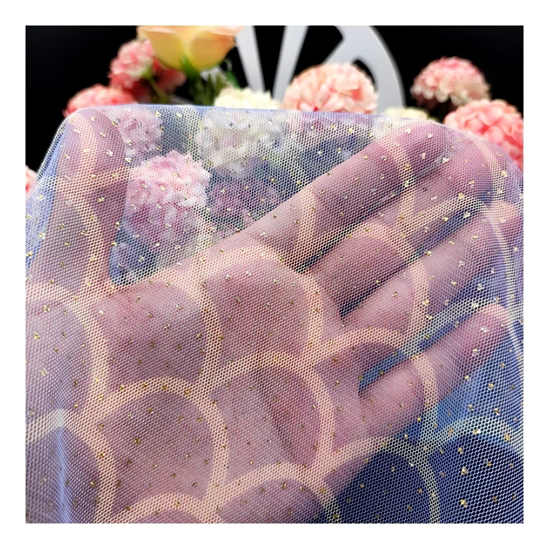 KT17 Digitally Printed Tulle Fabric Fish Scale Color Printing Mesh Fabric Tulle with Gold Glitter Dot - 图片 5
