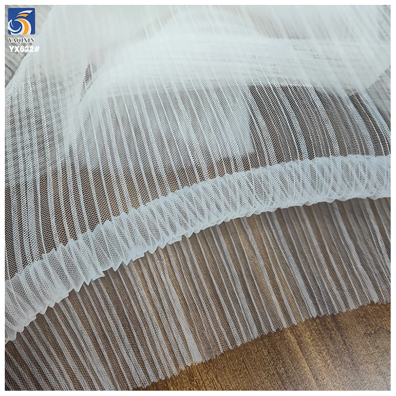 YX632 Custom L-shaped Toothpick Soft 100 Polyester Knitted 3mm Pleated White Mesh Tulle Fabric for Bridal Veil - 图片 4