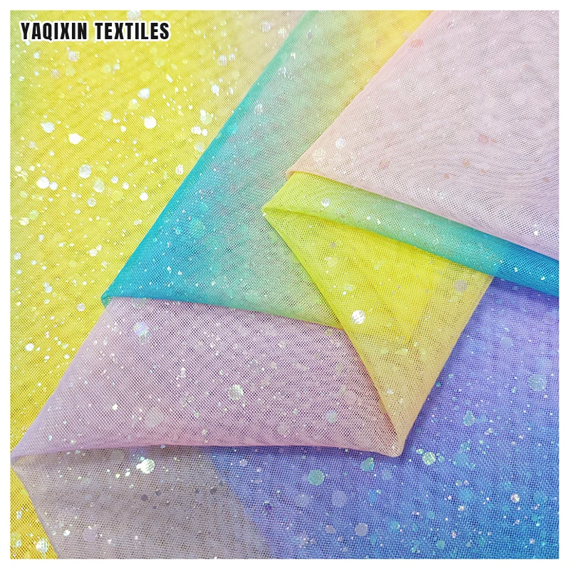 YY221125 High Quality Soft 100 Polyester Shiny Dot Tricot Knit Mesh Tulle Fabric with Print Rainbow Design - 图片 2