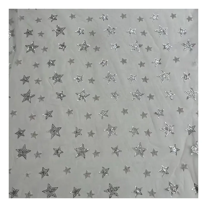 Classic Custom Black/White Tulle Silver Stars Sequins Net Fabrics - 图片 6