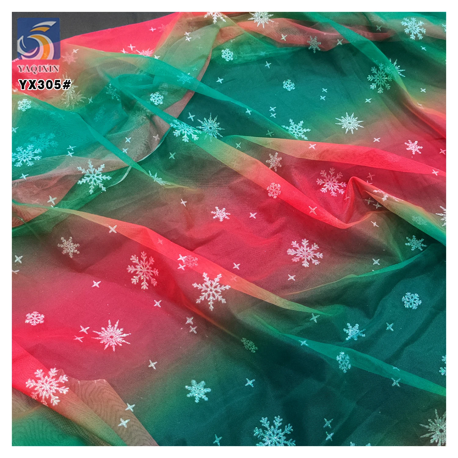 YX305 Customized 30D Tulle Printed Fabric With Red and Green Christmas Snowflake Pattern Fabric for Princess Dress - 图片 6