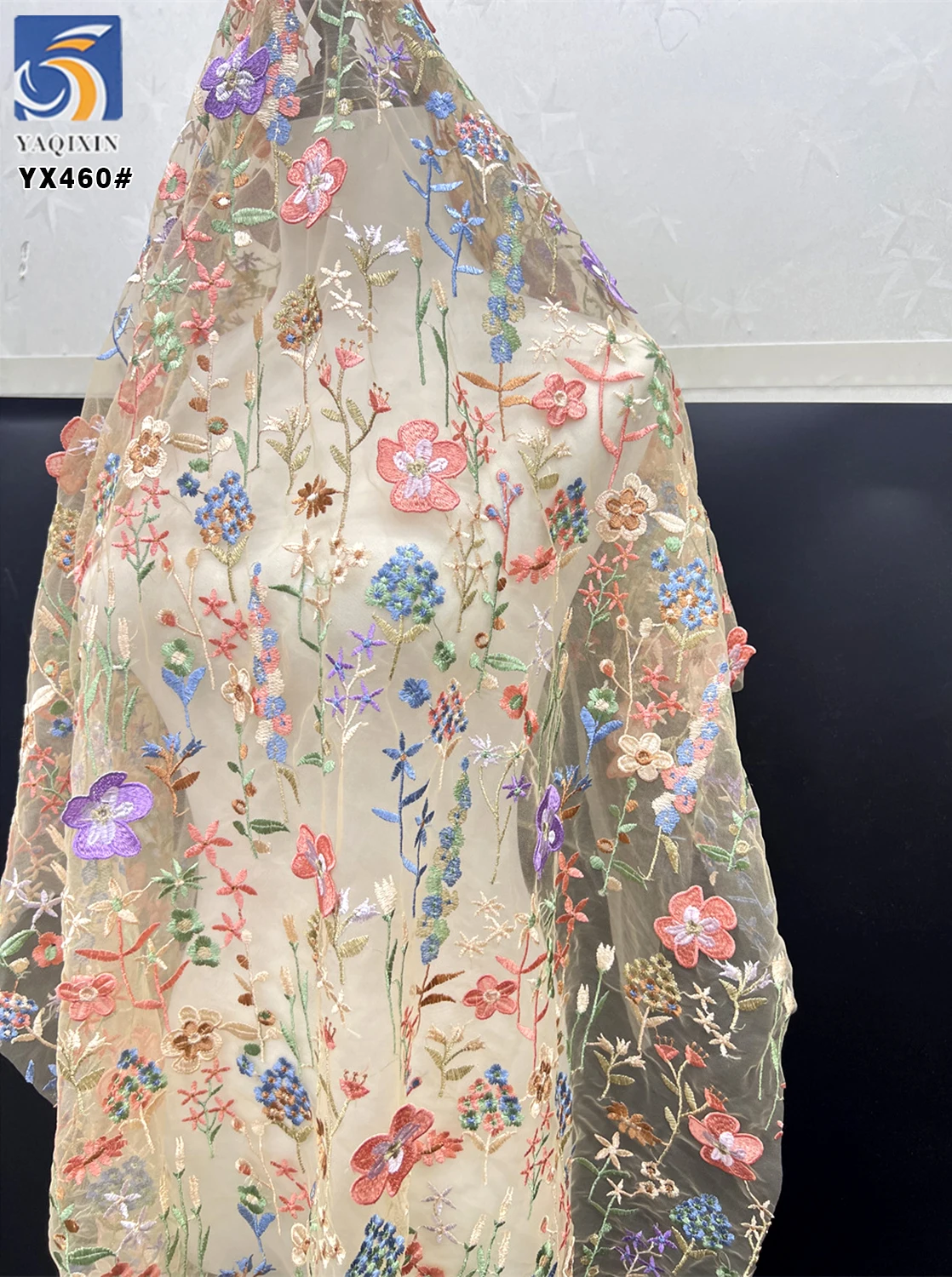 YX460 Cheap Floral Multicolor 3D Mesh Embroidery Fabric Lace Women's Clothing Wedding Dress Embroidery Fabric - 图片 4