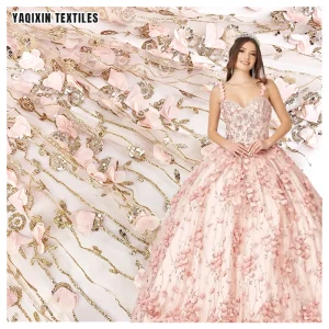 New Telas De Encaje De Flores 3D Pink Floral Glitter Lace Tulipanes Flowers Embroidered Tulle Lace Fabric for Quinceanera Dress