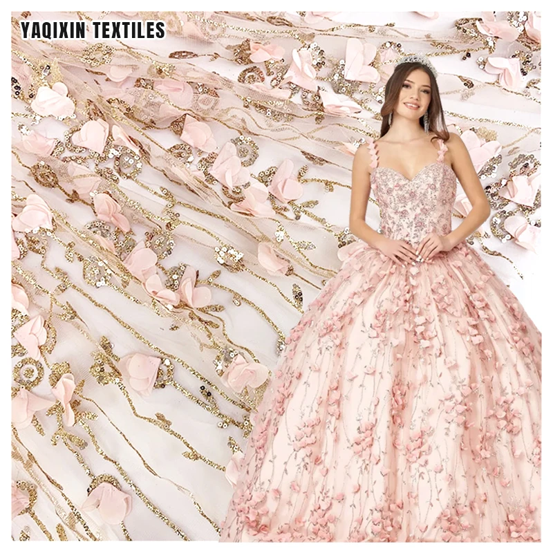New Telas De Encaje De Flores 3D Pink Floral Glitter Lace Tulipanes Flowers Embroidered Tulle Lace Fabric for Quinceanera Dress
