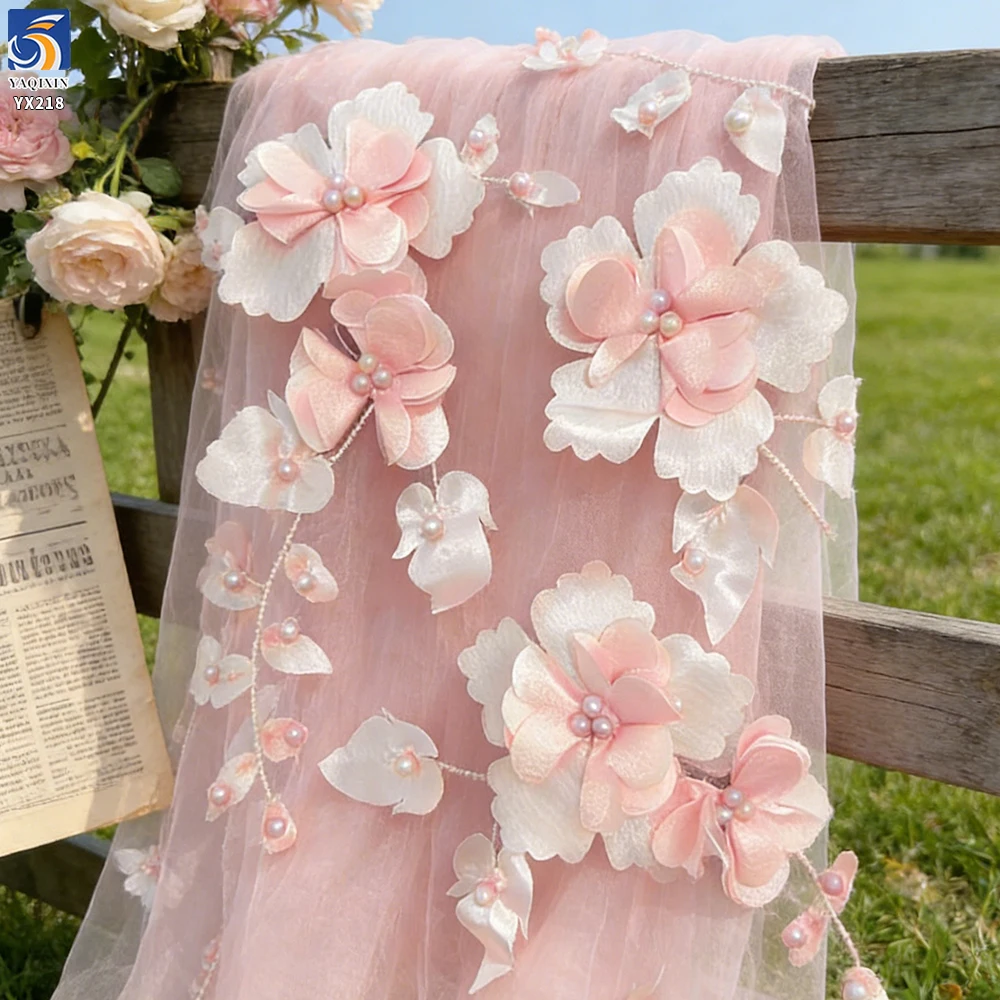 YX218 Hot Selling Wholesale Price Pearl Embroidery Handmade 3D Flower Fabric Polyester Mesh Dress Fabric - 图片 2