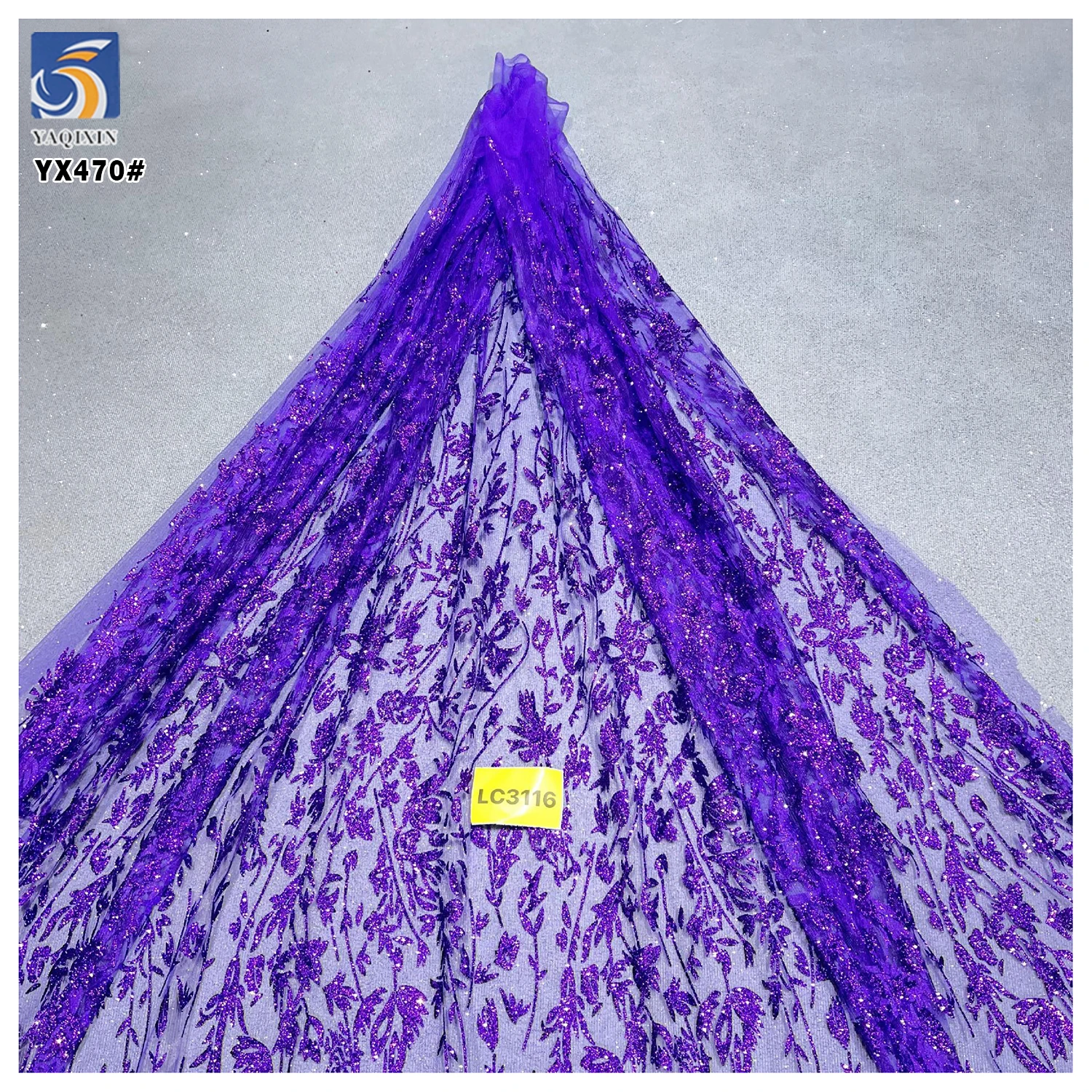 YX470 Custom Style 150 Gsm Polyester Tulle Glitter Purple Sequin Fabric for Wedding Dress - 图片 3
