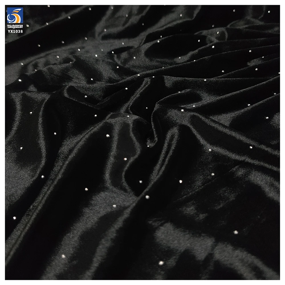 YX1038 180gsm High Quality Spandex Stretch Velvet Knitted Fabric Black With 3D Diamonds Stone Elastic Evening Dress Fabric - 图片 3