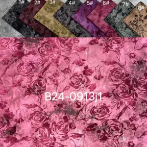YX635 Wholesale Prices Pink Rose Flowers Flocked Spandex Stretch Fabric Knit for Chinese Catwalk Dress