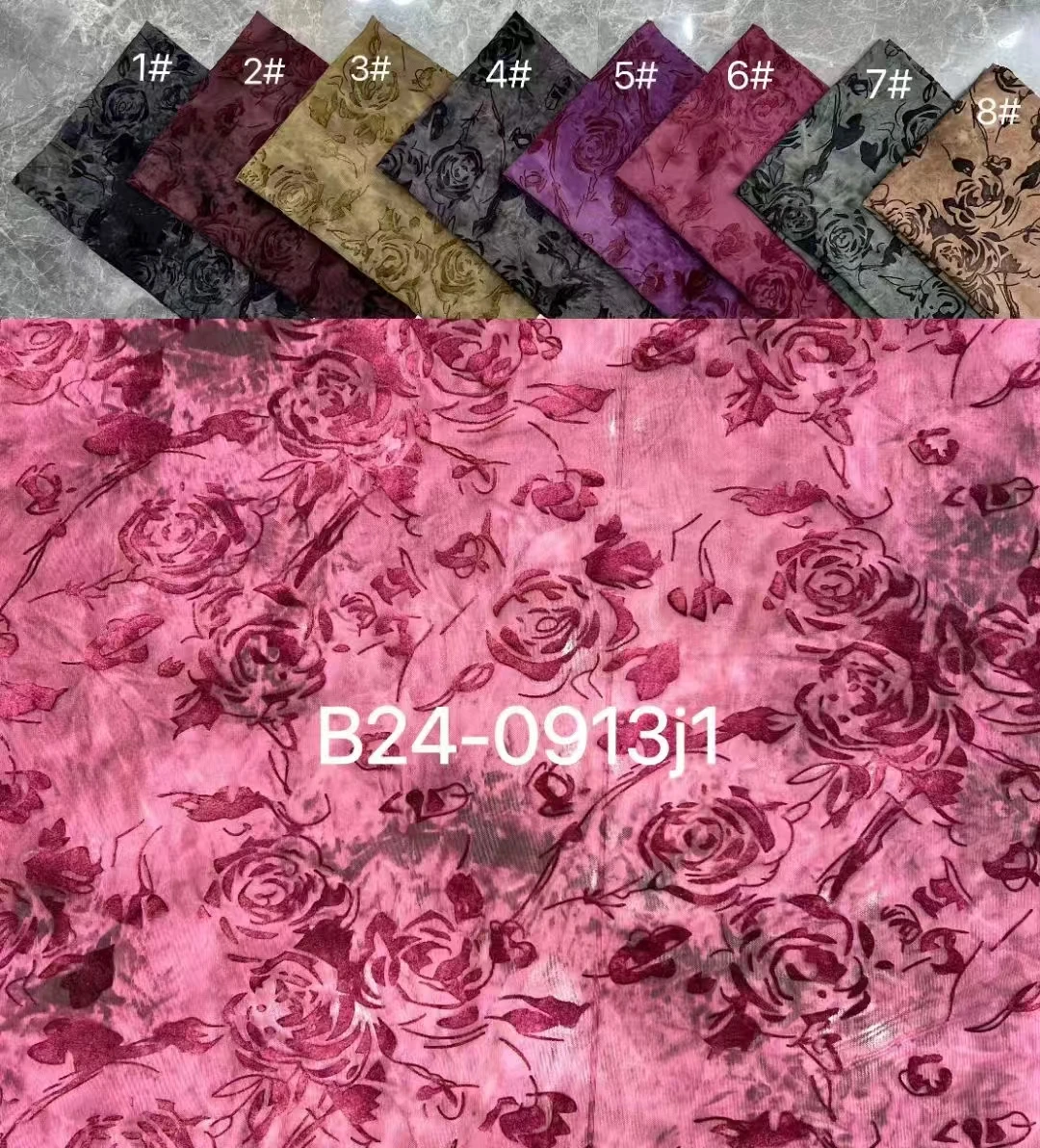 YX635 Wholesale Prices Pink Rose Flowers Flocked Spandex Stretch Fabric Knit for Chinese Catwalk Dress